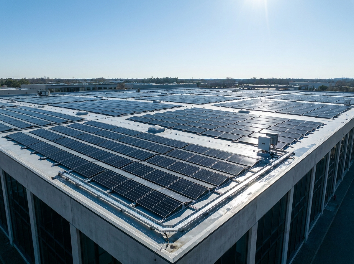 Rooftop solar PV panel array on a commercial building
